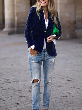 Women's Classic Single-Button Blazer | Sabina in Blue - Juana Fashion