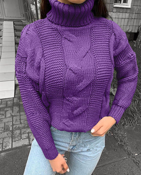 Women's Cable Knit Ribbed Turtleneck Sweater — View 4