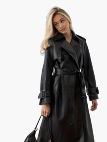Women's Long Belted Faux Leather Trench Coat | Edith in Black - Juana Fashion