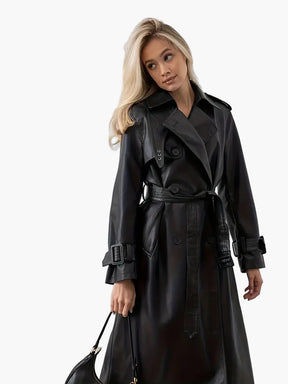Women's Long Belted Faux Leather Trench Coat | Edith in Black - Juana Fashion