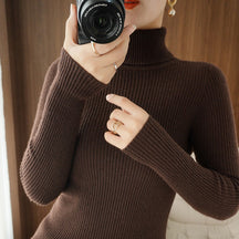 Women's Fitted Ribbed Striped Turtleneck Sweater — View 7
