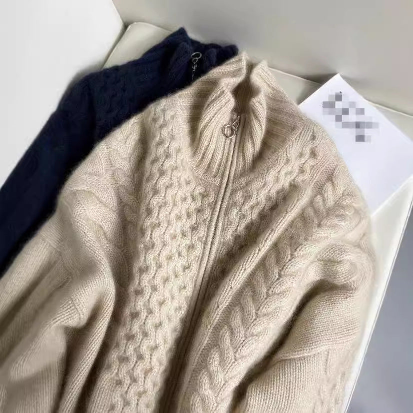 Women's Wool Cable Knit Zip Front Cardigan — View 3