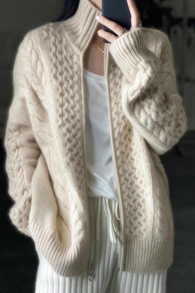 Women's Wool Cable Knit Zip Front Cardigan — View 6