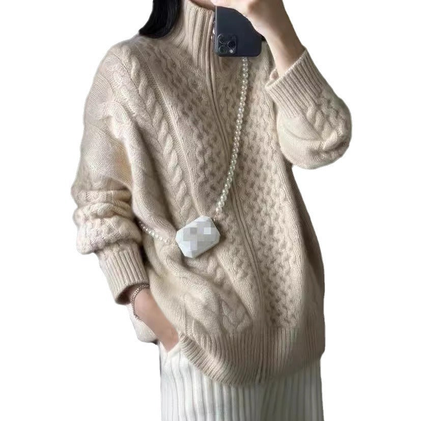 Women's Wool Cable Knit Zip Front Cardigan — View 4