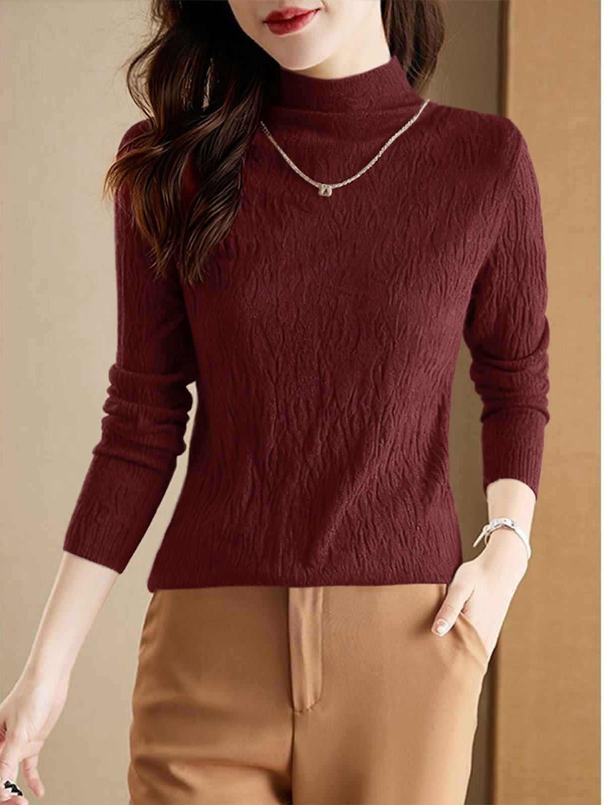 Women's Wool Textured Mock Neck Sweater — View 11