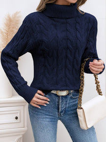 Women's Cable Knit Mock Neck Sweater — View 4