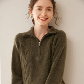 Women's Cashmere Cable Knit Raglan Sleeve Mock Neck Sweater — View 9