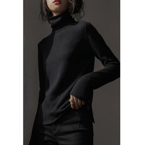 Women's Wool Relaxed Fit Side Slit Mock Neck Sweater — View 2