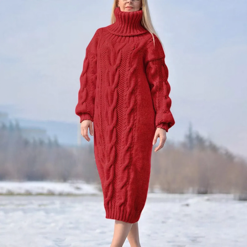 Women's Cable Knit Longline Turtleneck Sweater — View 1