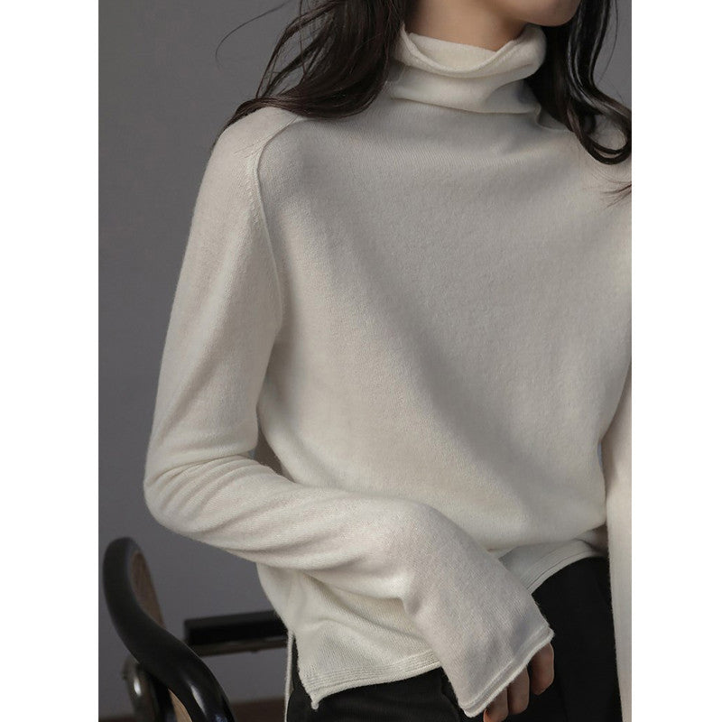 Women's Wool Relaxed Fit Side Slit Mock Neck Sweater — View 6
