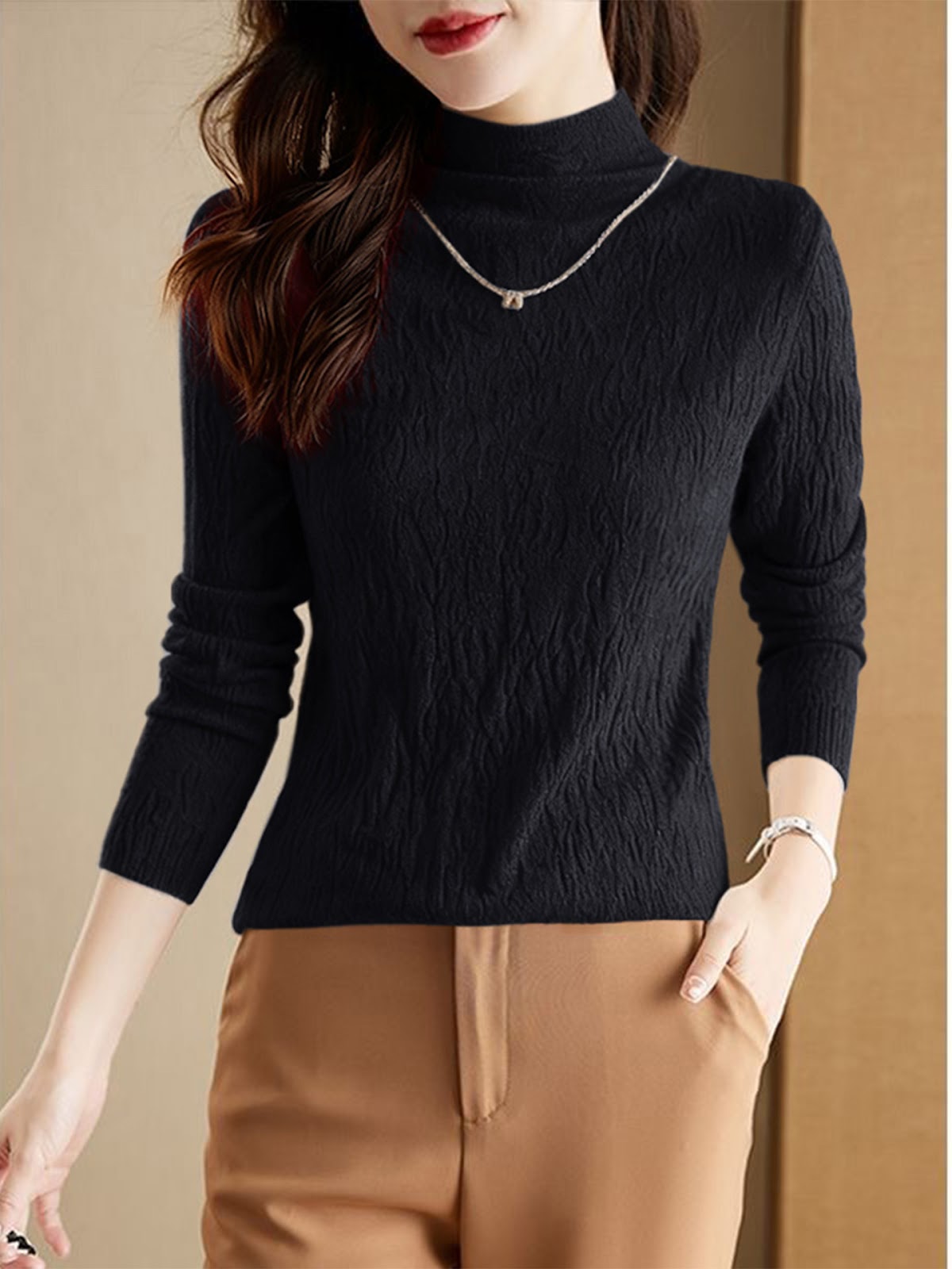 Women's Wool Textured Mock Neck Sweater — View 8