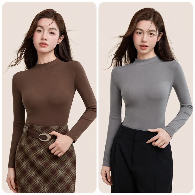 Women's Wool Fitted Long Sleeve Mock Neck Top — View 2