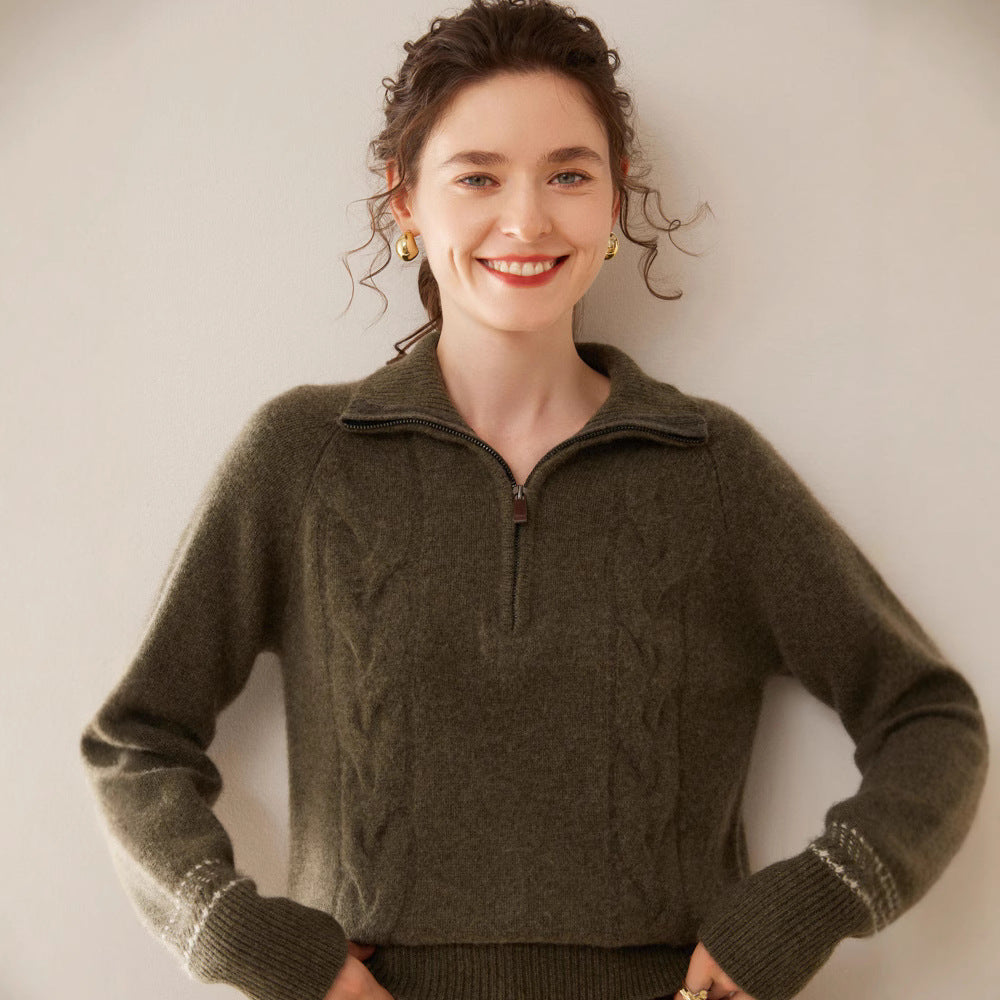 Women's Cashmere Cable Knit Raglan Sleeve Mock Neck Sweater — View 3