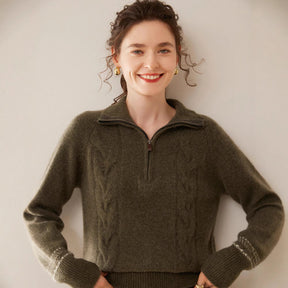 Women's Cashmere Cable Knit Raglan Sleeve Mock Neck Sweater — View 3
