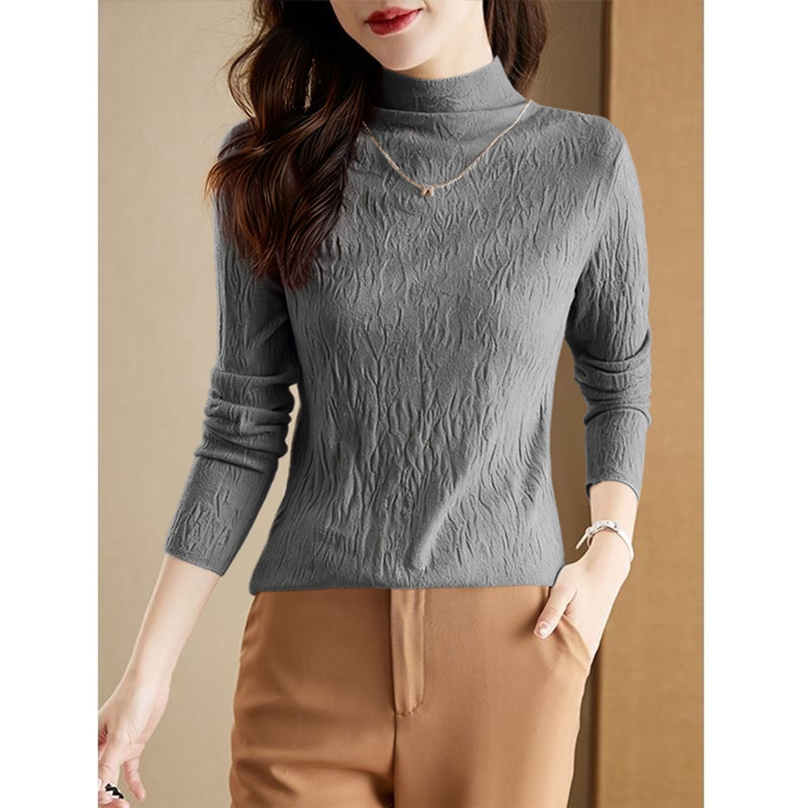 Women's Wool Textured Mock Neck Sweater — View 4