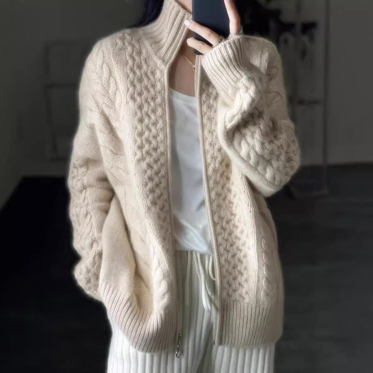 Women's Wool Cable Knit Zip Front Cardigan — View 1
