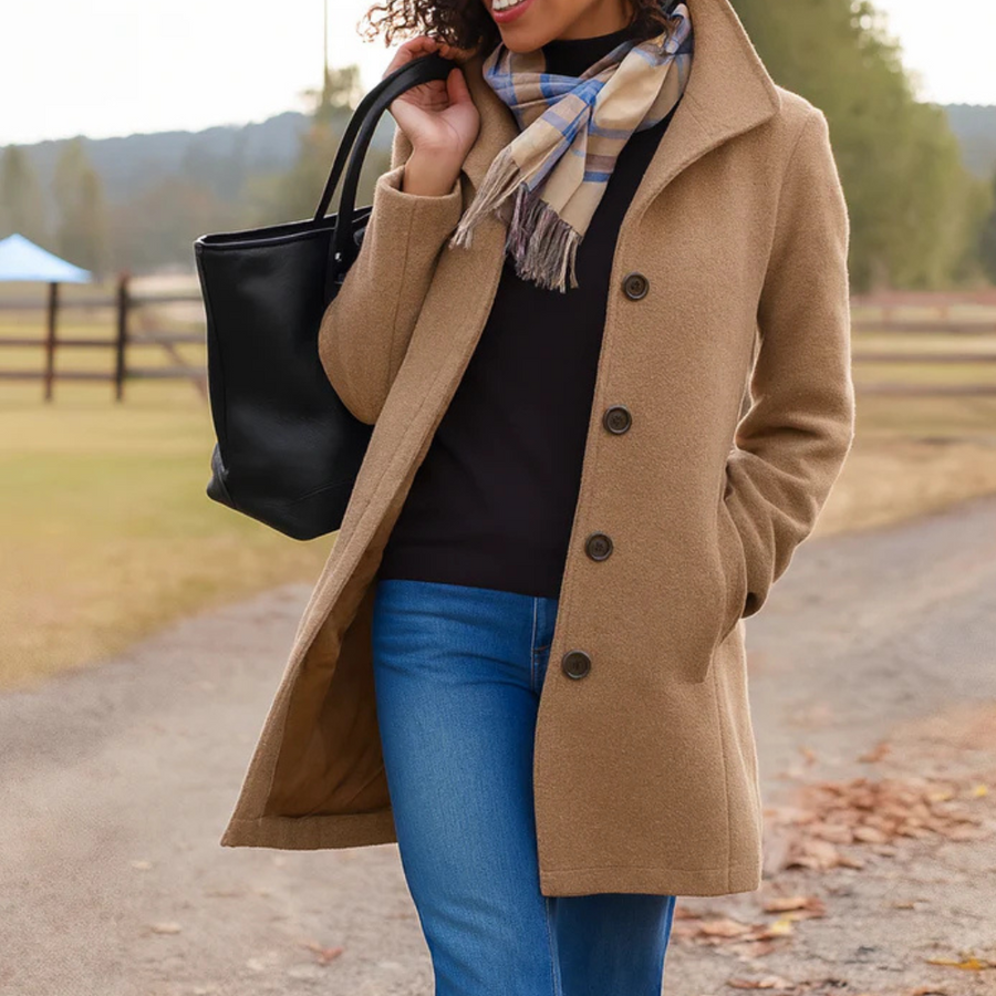 Women's Classic Button-Front Winter Coat | Helga in Khaki - Juana Fashion