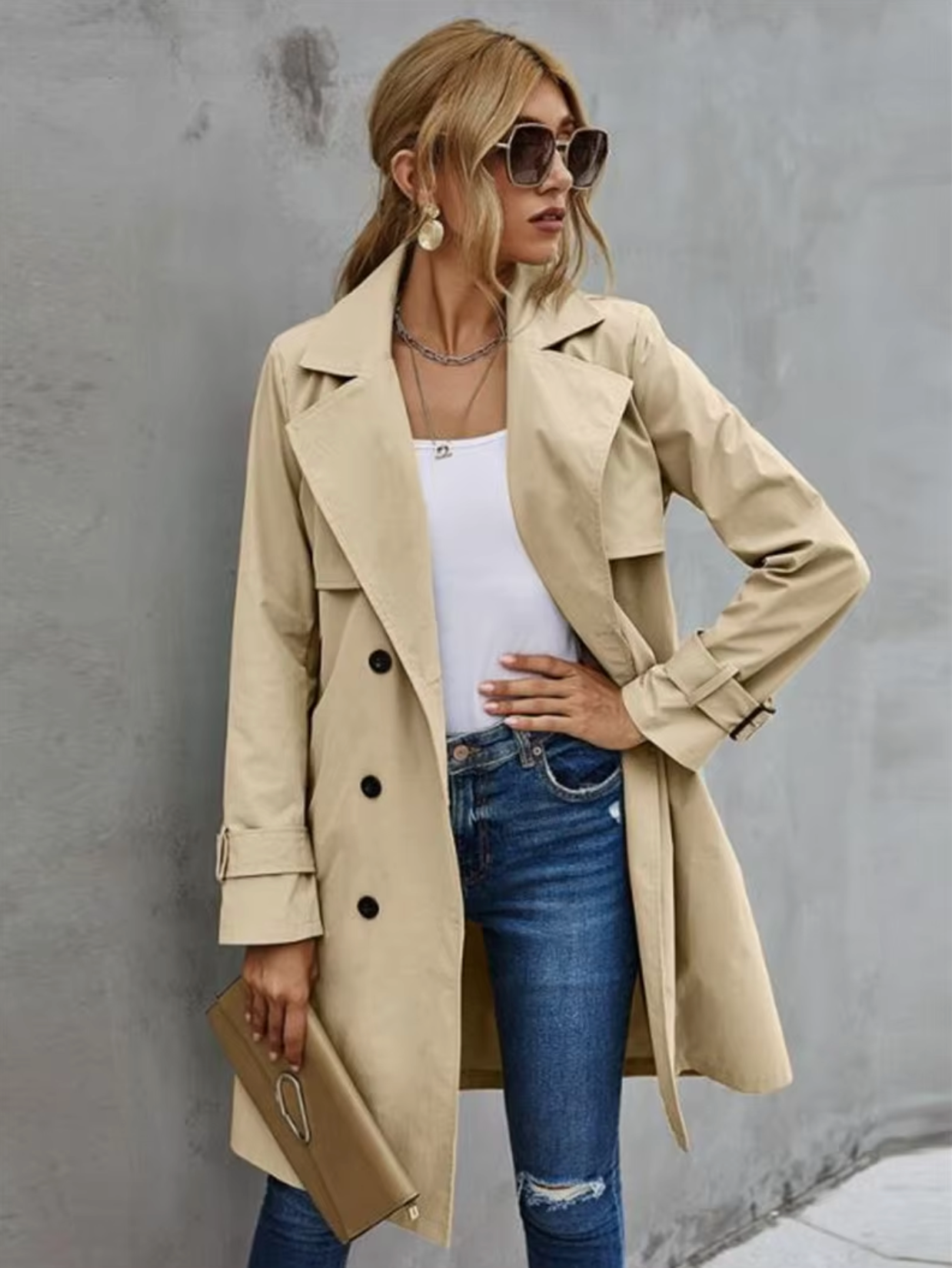 Women's Long Sleeve Trench Coat — View 1