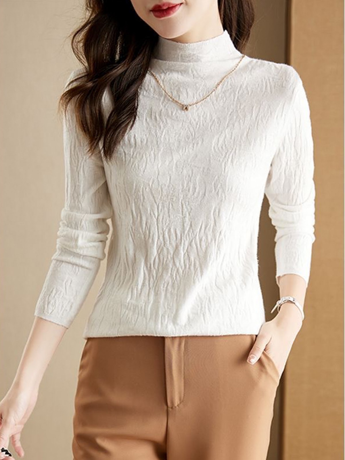 Women's Wool Textured Mock Neck Sweater — View 12