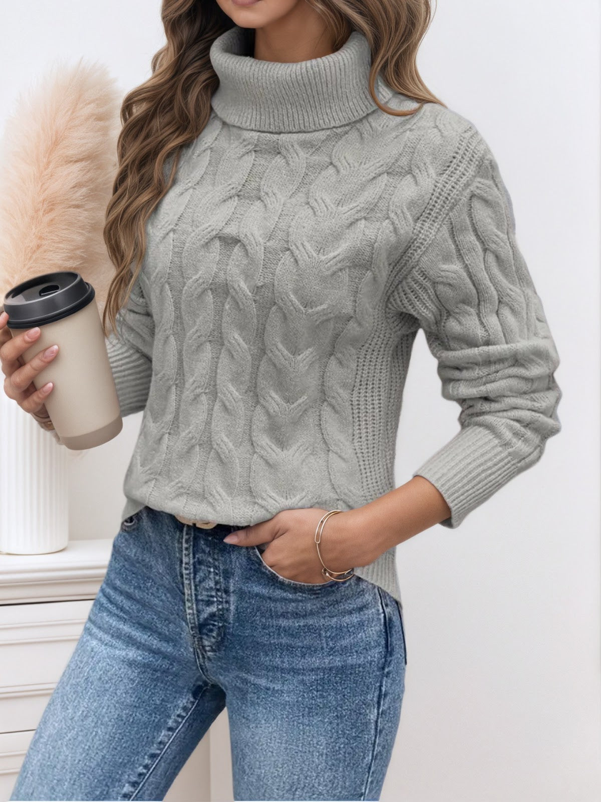 Women's Cable Knit Mock Neck Sweater — View 11