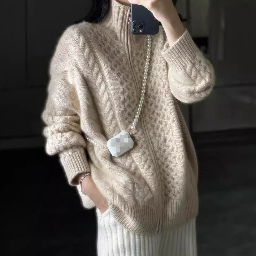 Women's Wool Cable Knit Zip Front Cardigan — View 2