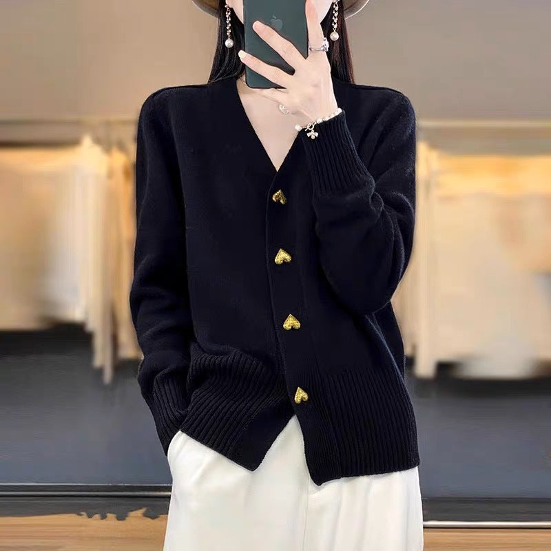 Women's Button Detail V Neck Cardigan — View 10