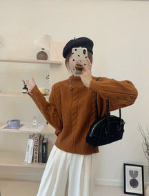 Women's Cable Knit Asymmetric Short Sweater — View 9