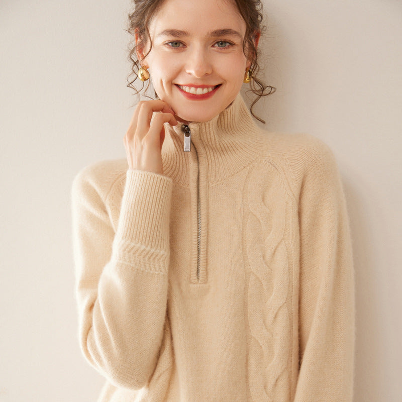 Women's Cashmere Cable Knit Raglan Sleeve Mock Neck Sweater — View 6