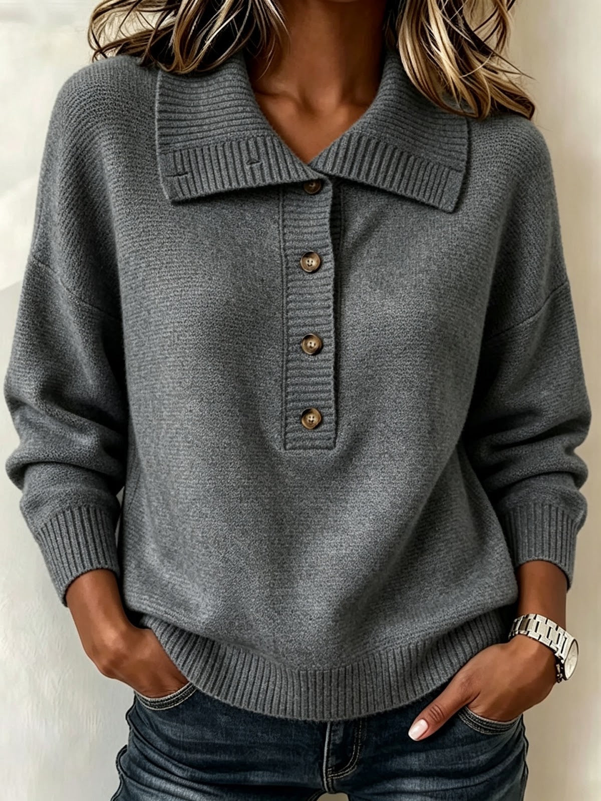 Women's Button Detail Mock Neck Sweater — View 5