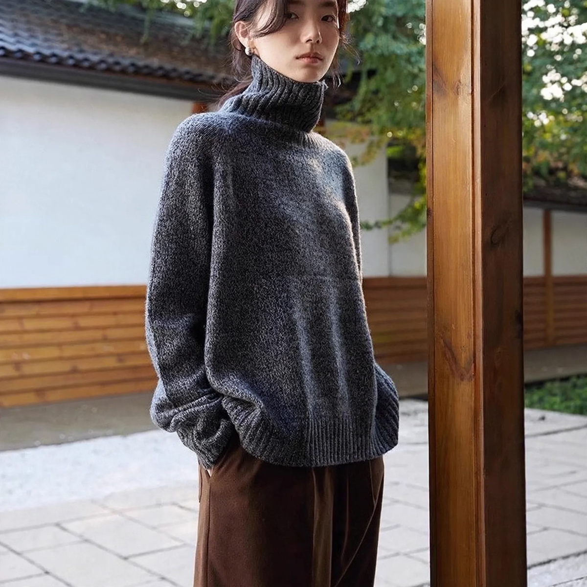 Women's Wool Relaxed Fit Turtleneck Sweater — View 1