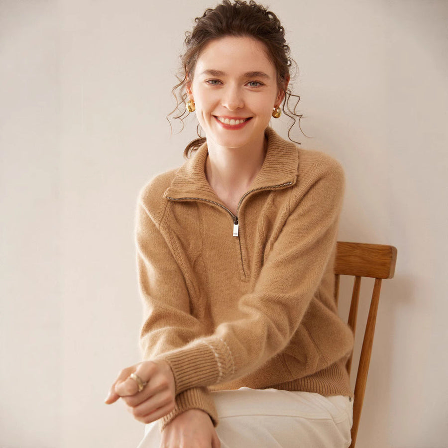 Women's Cashmere Cable Knit Raglan Sleeve Mock Neck Sweater — View 1