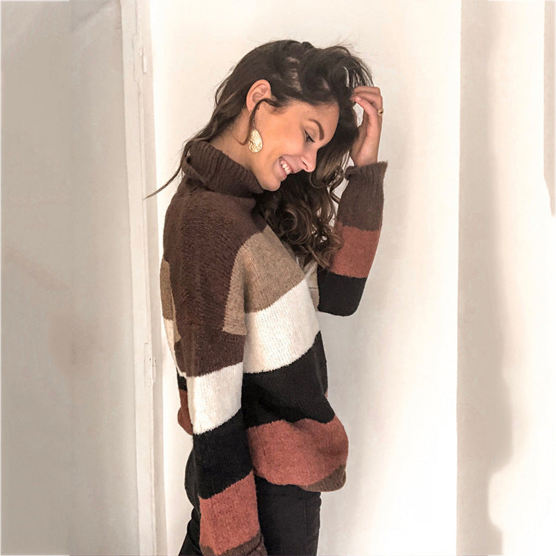 Women's Oversized Ribbed Striped Turtleneck Sweater — View 4