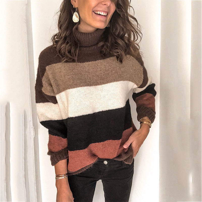 Women's Oversized Ribbed Striped Turtleneck Sweater — View 1