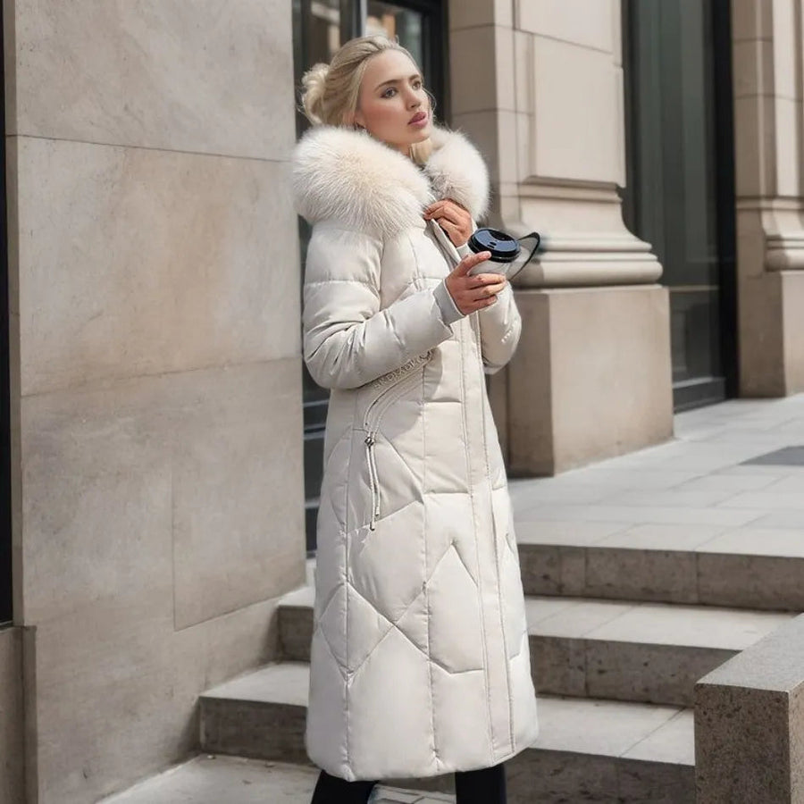 Women's Long Quilted Down Coat | Katharina in White - Juana Fashion