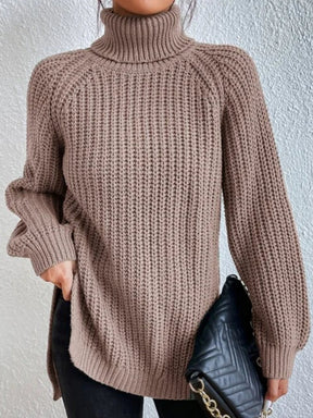 Women's Raglan Sleeve Side Slit Turtleneck Sweater — View 4