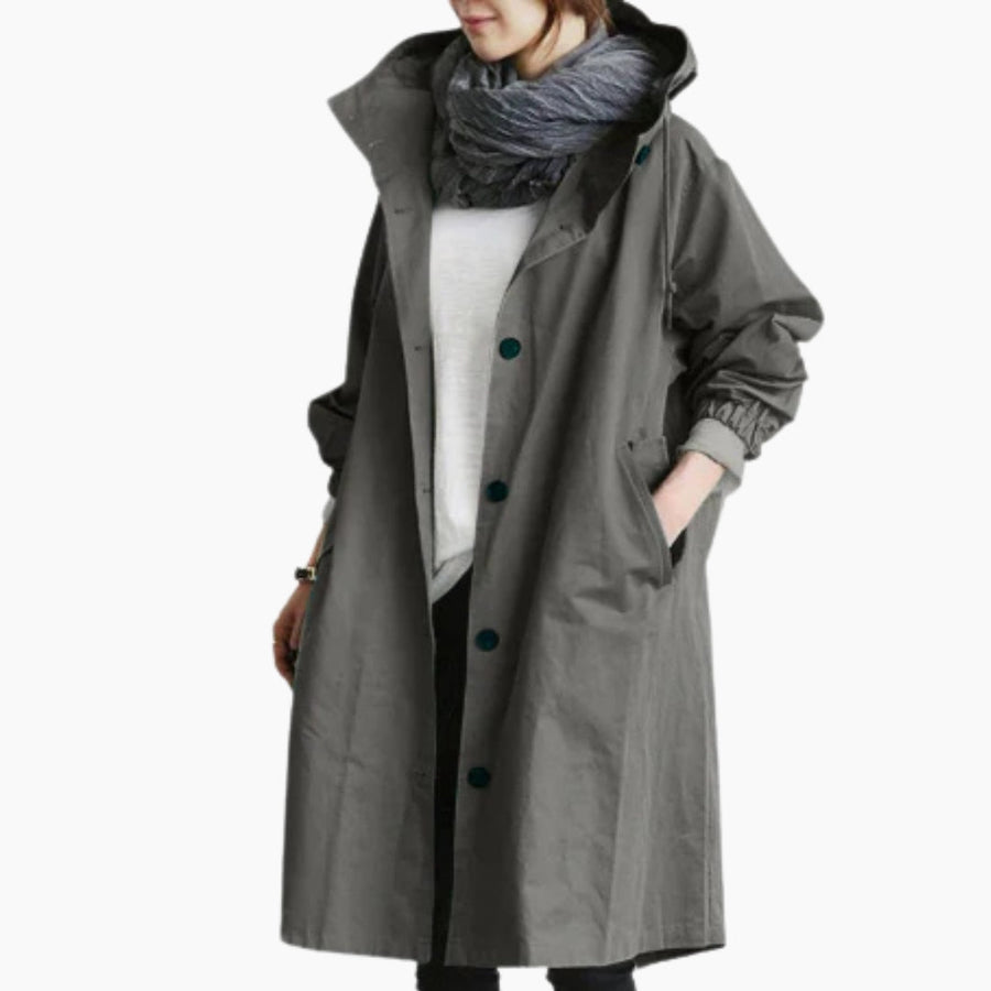 Women's Long Button-Front City Coat | Edith in Beige - Juana Fashion