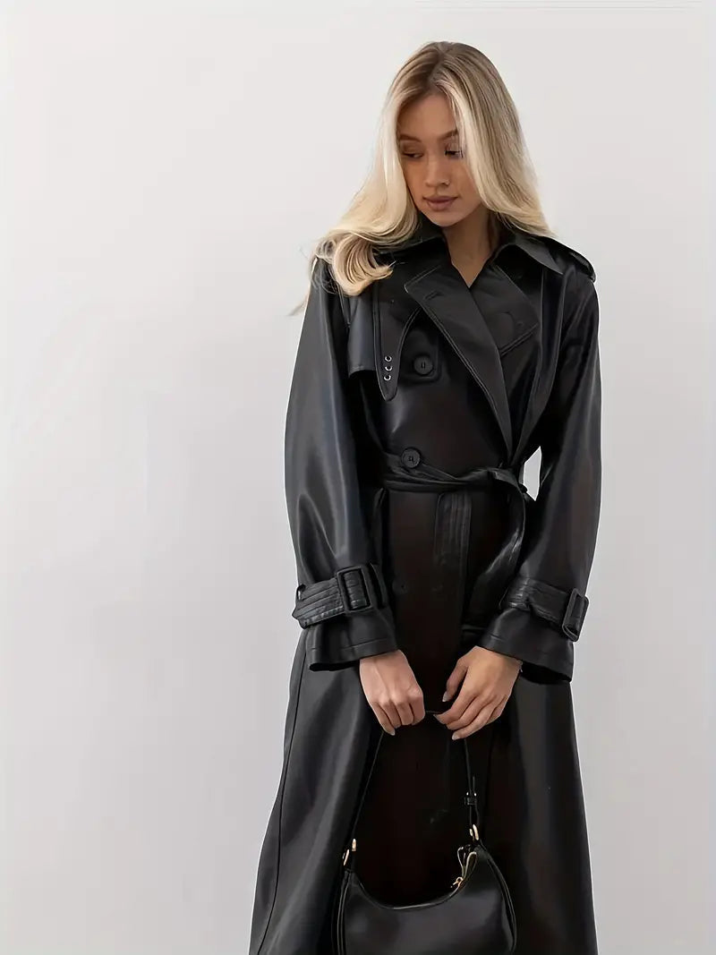 Women's Long Belted Faux Leather Trench Coat | Edith in Black - Juana Fashion