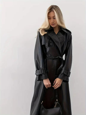 Women's Long Belted Faux Leather Trench Coat | Edith in Black - Juana Fashion