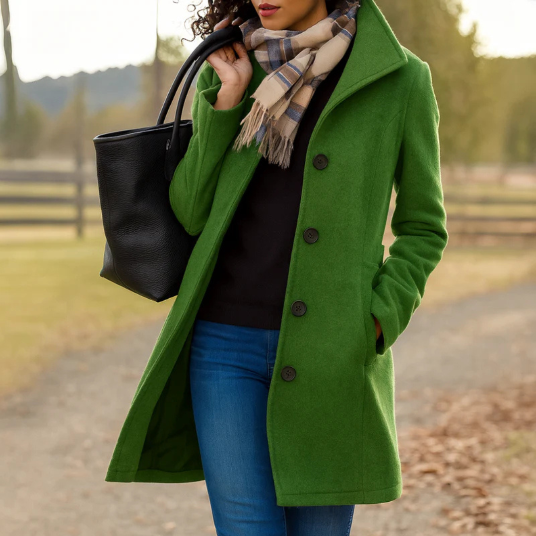Women's Classic Button-Front Winter Coat | Helga in Khaki - Juana Fashion