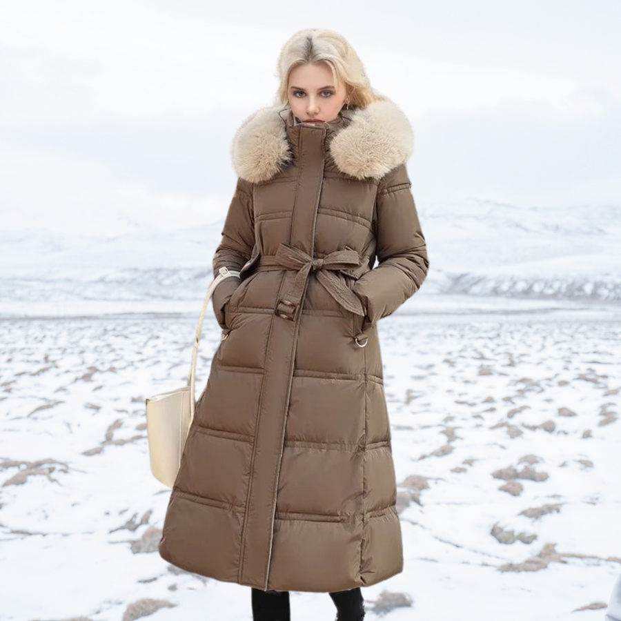 Women's Belted Hooded Quilted Coat | Karin in Coffee - Juana Fashion