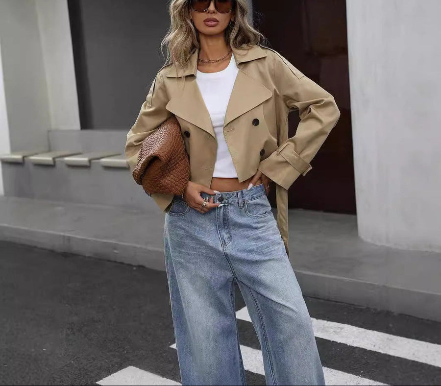 Women's Short Double-Breasted Trench Coat | Karin in Khaki - Juana Fashion
