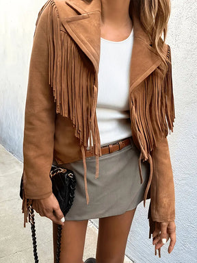 Women's Faux Suede Fringe Jacket | Natalie in Brown - Juana Fashion