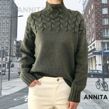Women's Wool Cable Knit Turtleneck Sweater — View 4