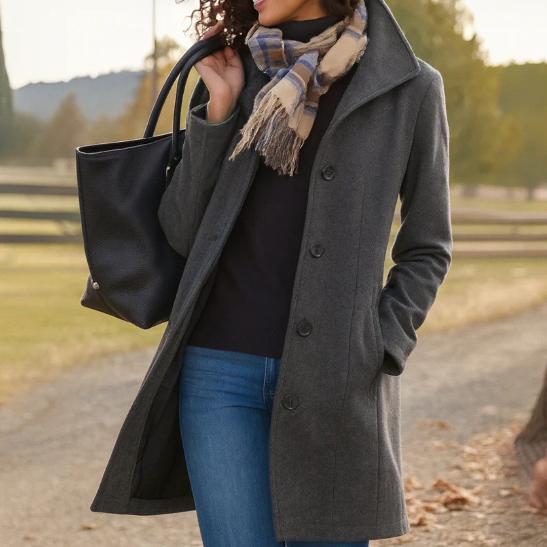 Women's Classic Button-Front Winter Coat | Helga in Khaki - Juana Fashion