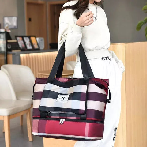 Plaid Travel Tote Bag with Multiple Compartments in Red by Juana Fashion