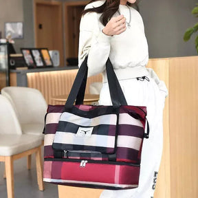 Plaid Travel Tote Bag with Multiple Compartments in Red by Juana Fashion