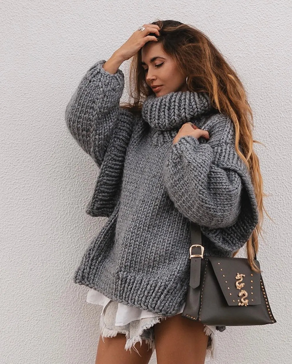 Women's Oversized Textured Turtleneck Sweater — View 2