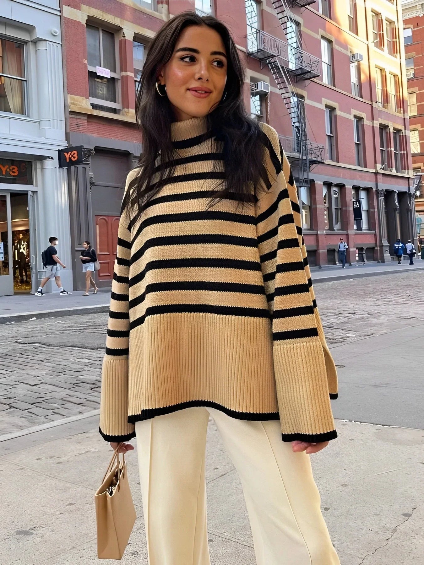 Women's Wool Oversized Striped Turtleneck Sweater — View 3