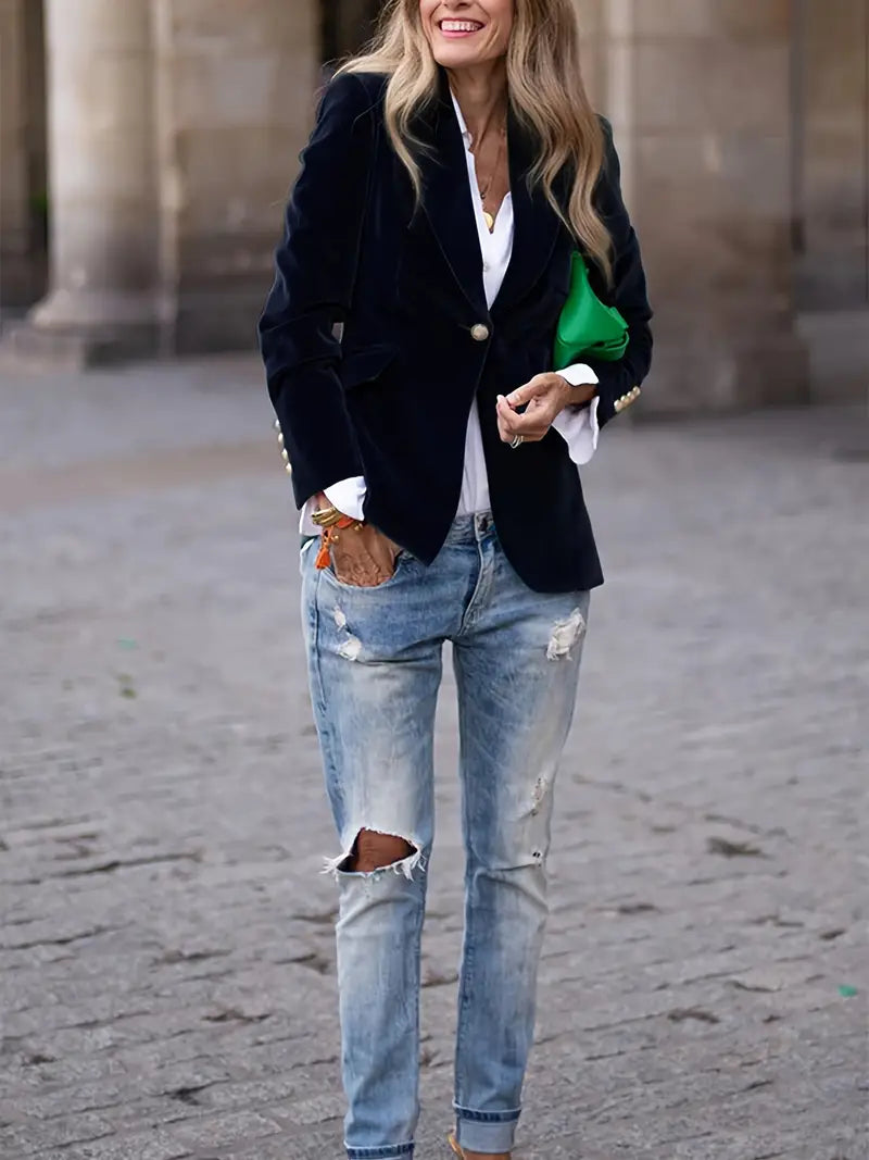Women's Classic Single-Button Blazer | Sabina in Blue - Juana Fashion