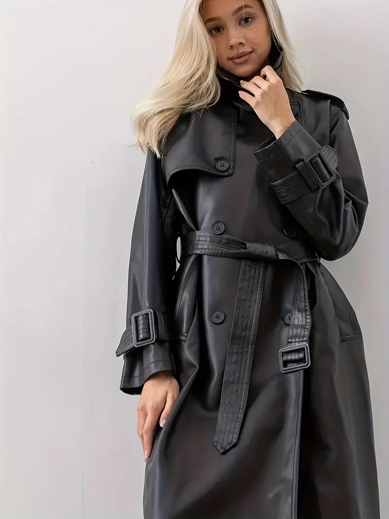 Women's Long Belted Faux Leather Trench Coat | Edith - Juana Fashion